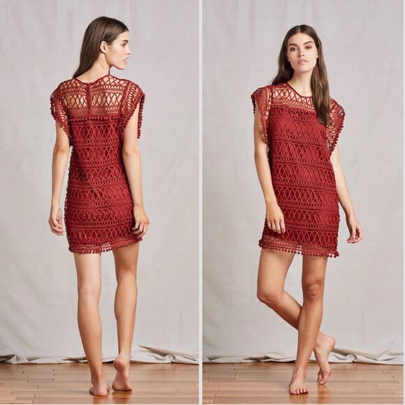 Tularosa Dresses & Skirts - NEW TULAROSA REVOLVE Deep Red Burgundy Clayton Lace Pom Pom Tunic Mini Dress XS